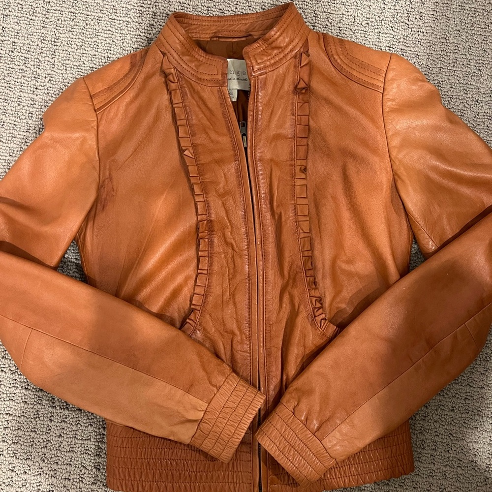 Hinge Coquette Ruffle Leather Jacket - Cognac Brown XS
